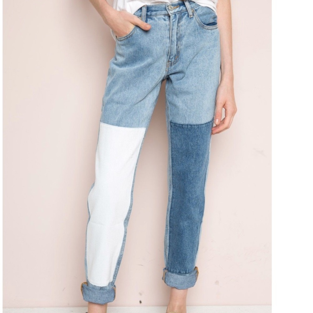 Brandy Melville White and Blue Patch Mom Jeans